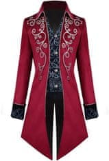 Nikcorp Moški frak Steampunk / gotski / viktoriánski z žametom, klasični reverji, srebrni vezeni šivi in zlate gumbe, srednje dolžina 2XL, rdeča eleganten kostumski žaket