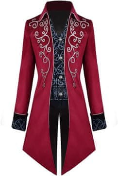 Nikcorp Moški steampunk frak Ni Vittoriaanski, viktorijanski suknjič do kolen, žamet z rožnatim vzorcem, srebrni vezeni detajli in zlate gumbe, reverji, dolg rokav, tematske zabave, cosplay, poroka, rdeč