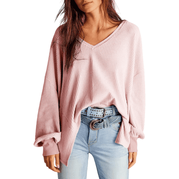 Nikcorp Ženska oversize bluza V-izrez pletenina waffle knit svijetloružičasta otvoreni šavovi dugi rukav lantern M