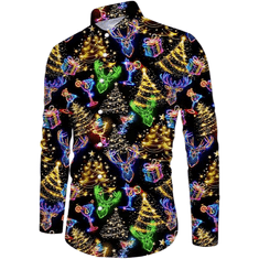 Nikcorp Moška božična srajca slim fit 3D potisk Neonov elegantni vzorec črna dolgo rokav popolno zapenjanje na gumbe poliester spandex, XL