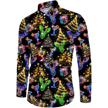 Nikcorp Moška božična srajca slim fit 3D potisk Neonov elegantni vzorec črna dolgo rokav popolno zapenjanje na gumbe poliester spandex, XL