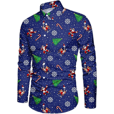 Nikcorp Moška božična srajca Slim Fit 3D tisk polieser elastan smešen mornarski vzorec z dolgimi rokavi, XXL, temno modra