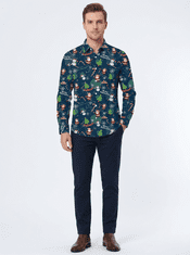 Nikcorp Moška božična srajca Slim fit 3D tisk dolg rokav, bombaž poliester elastan, gumbi, ovratnik turn-down, rdeča L, lahka hitro sušeča udobna za praznike