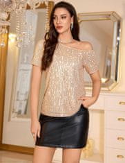 Nikcorp Damska bluza z bleščicami zlata bež off-shoulder kratki rokav sproščen kroj elegantna bleščeča za zabave in večerne izhode, udobna tkanina M