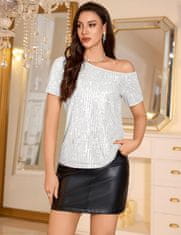 Nikcorp Ženska bleščeča bluza Dresstells off-shoulder, večerna koktajl s kratkimi rokavi, aplikacija z bleščicami, srebrna M