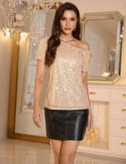 Nikcorp Damska bluza z bleščicami zlata bež off-shoulder kratki rokav sproščen kroj elegantna bleščeča za zabave in večerne izhode, udobna tkanina M