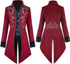 Nikcorp Moški frak Steampunk / gotski / viktoriánski z žametom, klasični reverji, srebrni vezeni šivi in zlate gumbe, srednje dolžina 2XL, rdeča eleganten kostumski žaket