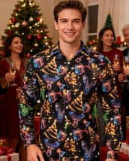 Nikcorp Moška božična srajca slim fit 3D potisk Neonov elegantni vzorec črna dolgo rokav popolno zapenjanje na gumbe poliester spandex, XL
