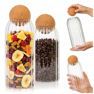 Komplet - 1x Steklena posoda s prostornino 0,87 l s plutovinasto kroglico + 1x Steklena posoda s prostornino 1,4 l s plutovinasto kroglico