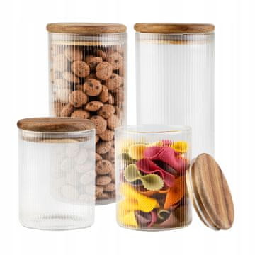 Komplet - 2x Steklena posoda za shranjevanje hrane - Z utorom in lesenim pokrovom 720 ml + 2x Steklena posoda za shranjevanje hrane - Z utorom in lesenim pokrovom 420 ml
