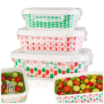 B.U. Komplet 3 pravokotnih steklenih posod (prostornina 400, 650, 1000 ml) zelene in roza barve