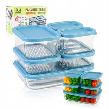 B.U. MODULARNE steklene posode (6 kosov) - 2x 310 ml + 2x 520 ml + 1x 750 ml + 1x 1200 ml z modrimi plastičnimi pokrovi