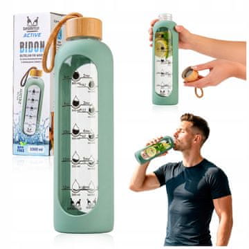 B.U. Steklena steklenica za vodo 1000 ml s silikonskim etuijem (zelena)