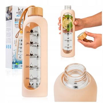 shumee Steklena steklenica za vodo 1000 ml s silikonskim etuijem (bež)