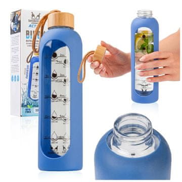 shumee 1000 ml steklena steklenica za vodo s silikonskim etuijem (modra)