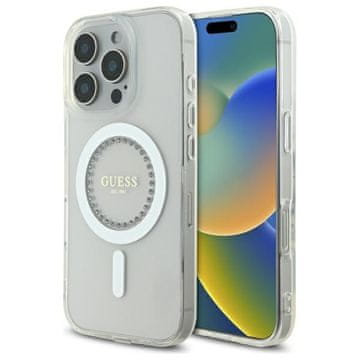 Guess GUHMP16XPFTDTEH iPhone 16 Pro Max 6.9" bel/bel trdi ovitek IML z okrasnimi kamni MagSafe