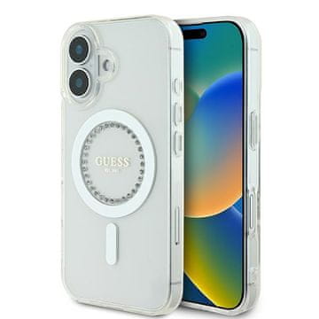 Guess Ovitek GUHMP16MPFTDTEH za iPhone 16 Plus 6,7" bel/bel, z okrasnimi kamni MagSafe