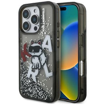 Karl Lagerfeld Ovitek Liquid Glitter Choupette Logo za iPhone 16 Pro, črne barve