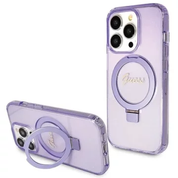 Guess Guess GUHMP15LHRSGSU iPhone 15 Pro 6.1 vijoličen/vijoličen trdi ovitek z obročem in stojalom, napisom in bleščicami, MagSafe