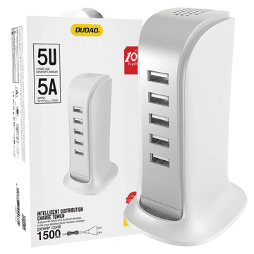 DUDAO 5x USB stenski polnilnik z vgrajenim EU napajalnim kablom, bel (A5EU)