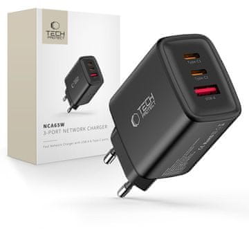 Tech-protect TECH-PROTECT NCA65W-GAN 3-PORTNI STENSKI POLNILEC ZA USB-C PD 65W QC3.0