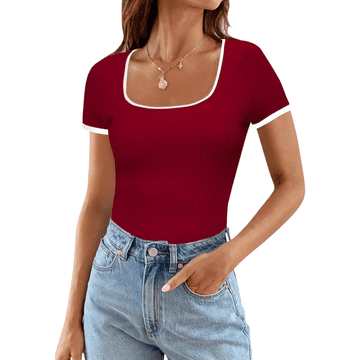 Nikcorp Ženska bluza slim fit z kvadratnim izrezom, kratki rokav, rdeča XL, elastična neprosojna premium tkanina, casual osnovna majica za vsak dan