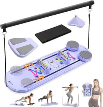 Nikcorp Pilates platforma set 15 v 1 za trening Stabilna zložljiva z gumijastimi nastavki PP 136 kg uporovni trakovi ročaji podpora podlakti nastavki za kolena časovnik brez baterij AAA