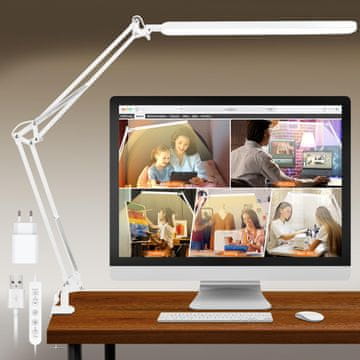 Nikcorp LED namizna svetilka z nosilcem za arhitekte, nastavljiva roka 38 cm, aluminij, 55 načinov osvetlitve, 112 LED, 2500K-6000K, 11 stopenj, flicker-free, USB 5V/2A, pritrditev na mizo do 6 cm, bela