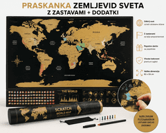 Kruzzel Praskanka zemljevid sveta 82x59 cm z zastavami + dodatki | scratch map darilo za popotnike 