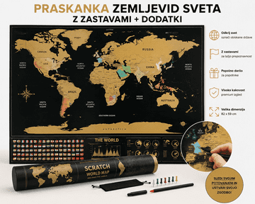 Kruzzel Praskanka zemljevid sveta 82x59 cm z zastavami + dodatki | scratch map darilo za popotnike