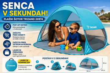 Trizand Plažni šotor 190x120x90 cm – pop-up, zračne mreže in proti komarjem, lahek in prenosljiv
