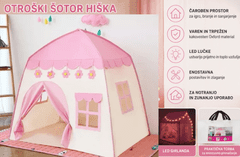 Kruzzel Otroški šotor hiška 130 cm roza bela + LED lučke | igralni šotor za otroke, notranji in zunanji