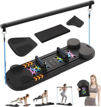 Nikcorp Večnamenska vadbena platforma Pilates Reformer Core Fitness, zložljiva, z uporovnimi trakovi in časovnikom, nosilnost 136 kg, črna, za krepitev mišic in domačo vadbo, vključuje ščitnike za kolena