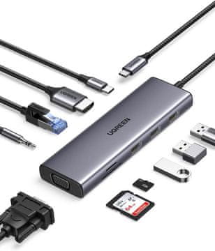 Ugreen USB C Hub, 10-v-1 USB-C z dvojnim izhodom za zaslon 4K HDMI & VGA, 100W PD