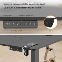 VonHaus Barva svetel les električno nastavljiva dvižna pisalna miza 100 × 60 cm z USB-C polnilnim priključkom