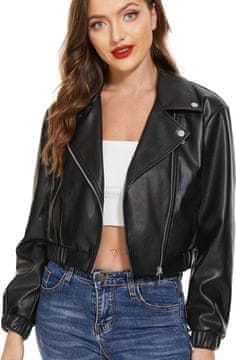 Nikcorp Ženska usnjena jakna Biker Oversize, črna motoristična jakna s kratkim bomber krojem, vegansko usnje, elastični patenti, zapenjanje na zadrgo, modna vintage jakna za vsakodnevne in elegantne