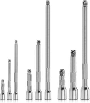 Nikcorp Elastičen komplet podaljškov za nasadne ključe 9 kosov Cr-V WOBBLE nihanje do 15° 1/4 3/8 1/2 srebrn 6,3/10/12,5 mm set