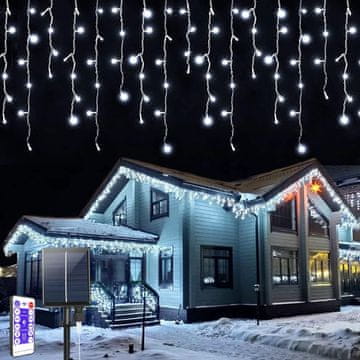 Nikcorp LED svetleča zavesa solarna 7 m IP44 256 LED hladna bela 32 visečih pasov daljinski upravljalnik 4 ravni svetlosti 4 načini časovnika bela