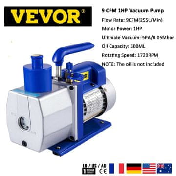 SucceBuy Dvostopenjska vakuumska črpalka 1 HP, 9 CFM za HVAC, klimatske naprave in hladilne sisteme
