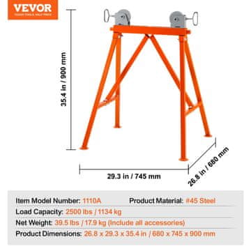 KJB Profesionalno stojalo za cevi z valjčno glavo, nosilnost 1.134 kg, nastavljivo za cevi 5–91 cm