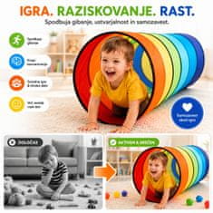 JOJOY® Otroški tunel za plazenje 180 cm, zložljiv mavrični igralni tunel z mrežo, notranja in zunanja igra | TUNSY