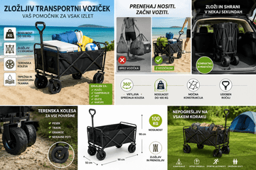 Gardlov Zložljiv transportni voziček 100 kg - vrtni, kamping, plažni voziček, terenska kolesa
