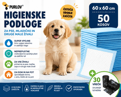 Purlov Higienske podloge za pse 60 × 60 cm, 50 kos – vpojne podloge za mladičke, mačke in druge male živali + 30 vrečk