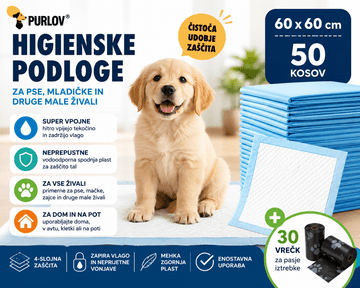 Purlov Higienske podloge za pse 60 × 60 cm, 50 kos – vpojne podloge za mladičke, mačke in druge male živali + 30 vrečk