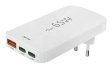 Hama HAMA GaN 65W stenski polnilnik 2x USB-C 1x USB-A ravno bel