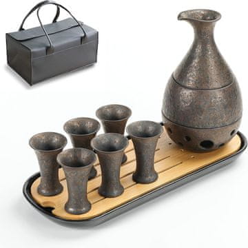 Nikcorp Japonski set za sake 10-delný keramična grelnik karafko 170 ml in 10 skodelic 25 ml s pladnjem bambus melamin vintage nadzor temperature mikrovalovna pečica pomivalni stroj