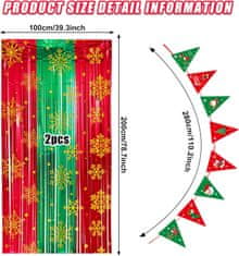 Nikcorp Sijajna dekorativna zavesa-girlanda za praznike z motivom snežink, kovinsko metalizirano vlakno z visokim leskom, rdeča in zelena, trikotni trak z 8 zastavicami in vrvica za obešanje, samolepilni