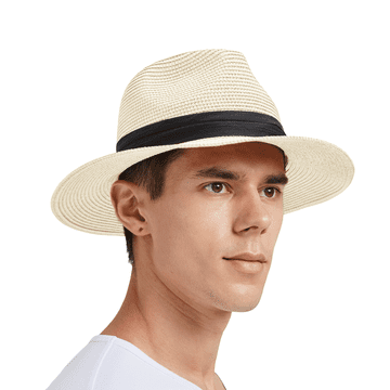 Nikcorp Slamnati klobuk Fedora uniseks, zaščita pred soncem UPF 50+, velikost 55 cm, zračen in lahek poletni klobuk za plažo, potovanja in prosti čas, trpežno tkanje, eleganten dizajn z okrasnim trakom