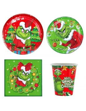 Nikcorp Jednokratni papirnati krožniki skodelice serviete komplet Grinch 2x10 kos, 10 skodelic, 10 serviet, zelena rdeča bela, biološko razgradljiv celuloza, za praznične zabave