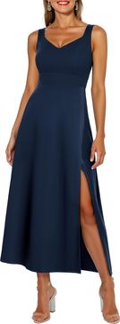 Nikcorp Večerna koktajl obleka Maxi mornarsko modra 2XL, elegantna ženska obleka A-kroj z V-izrezom in razporkom, elastičen material, primerna za poroke in svečane priložnosti, zapenjanje z zadrgo na hrbtu
